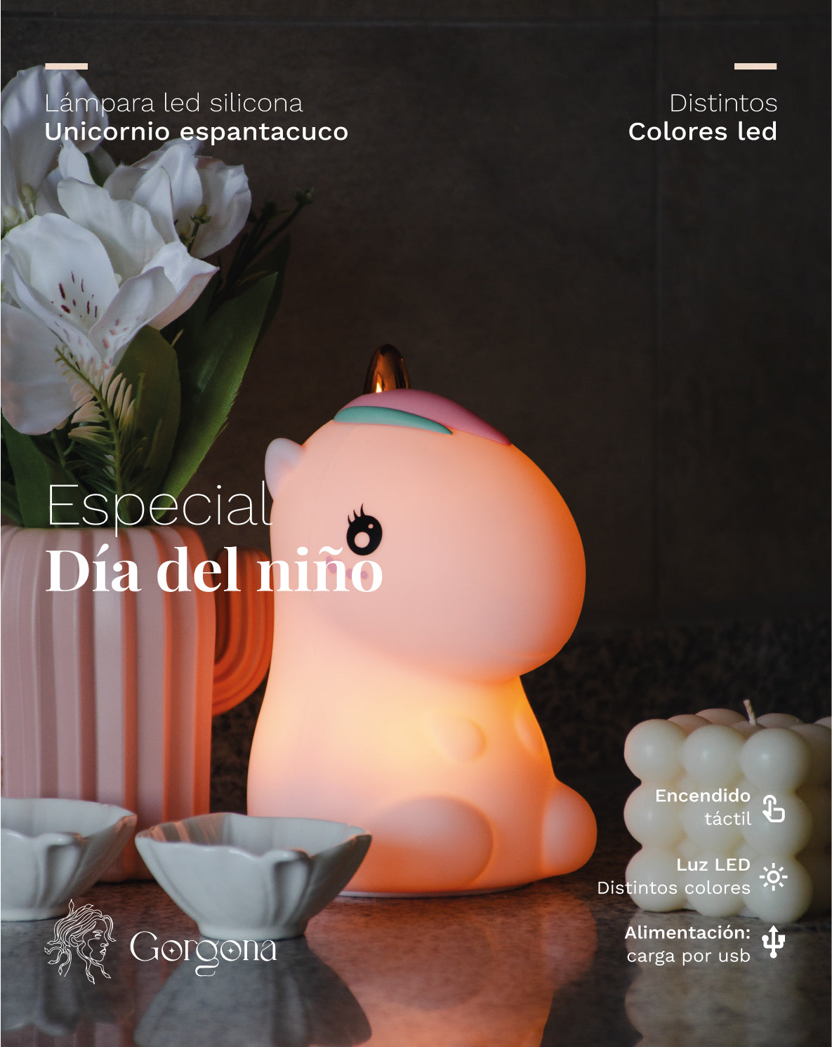 Unicornio Blanco Silicona Luminoso